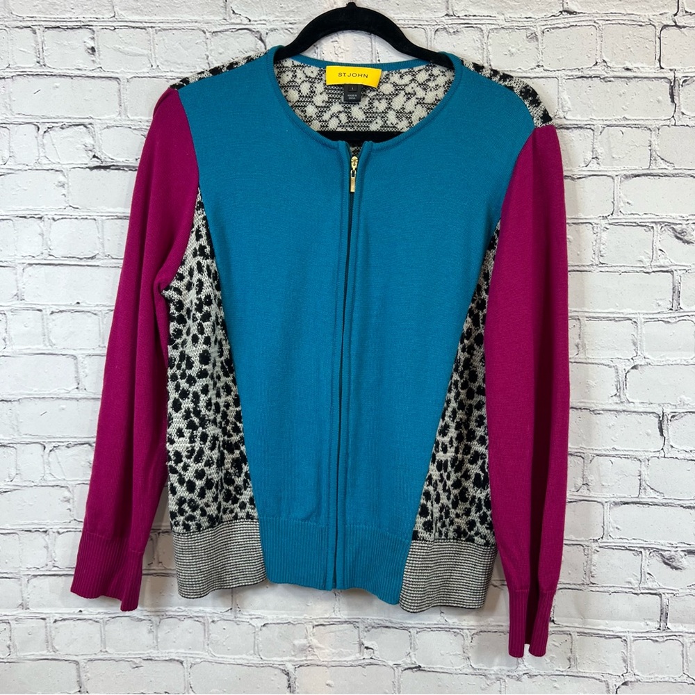 St John Wool Sweater Colorblock Animal Print Size Large
